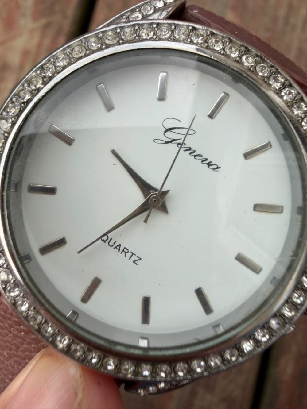 Geneva Womens Rhinestone Bezel Quartz Watch With Brown Textured Strap - Elegant - Picture 6 of 6